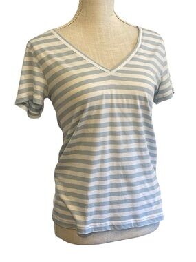 Nordstrom Light Blue & White Striped V-Neck Short Sleeve Tee